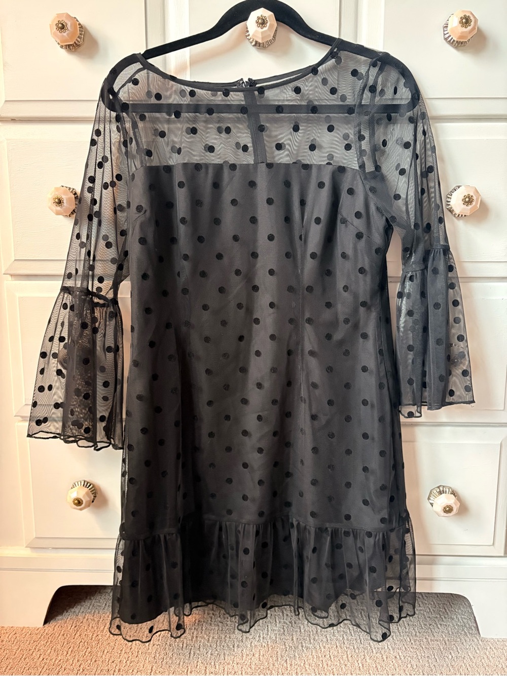 BB Dakota Black Mini Dress with Sheer Polka Dot Overlay and 3/4 Flutter Sleeve